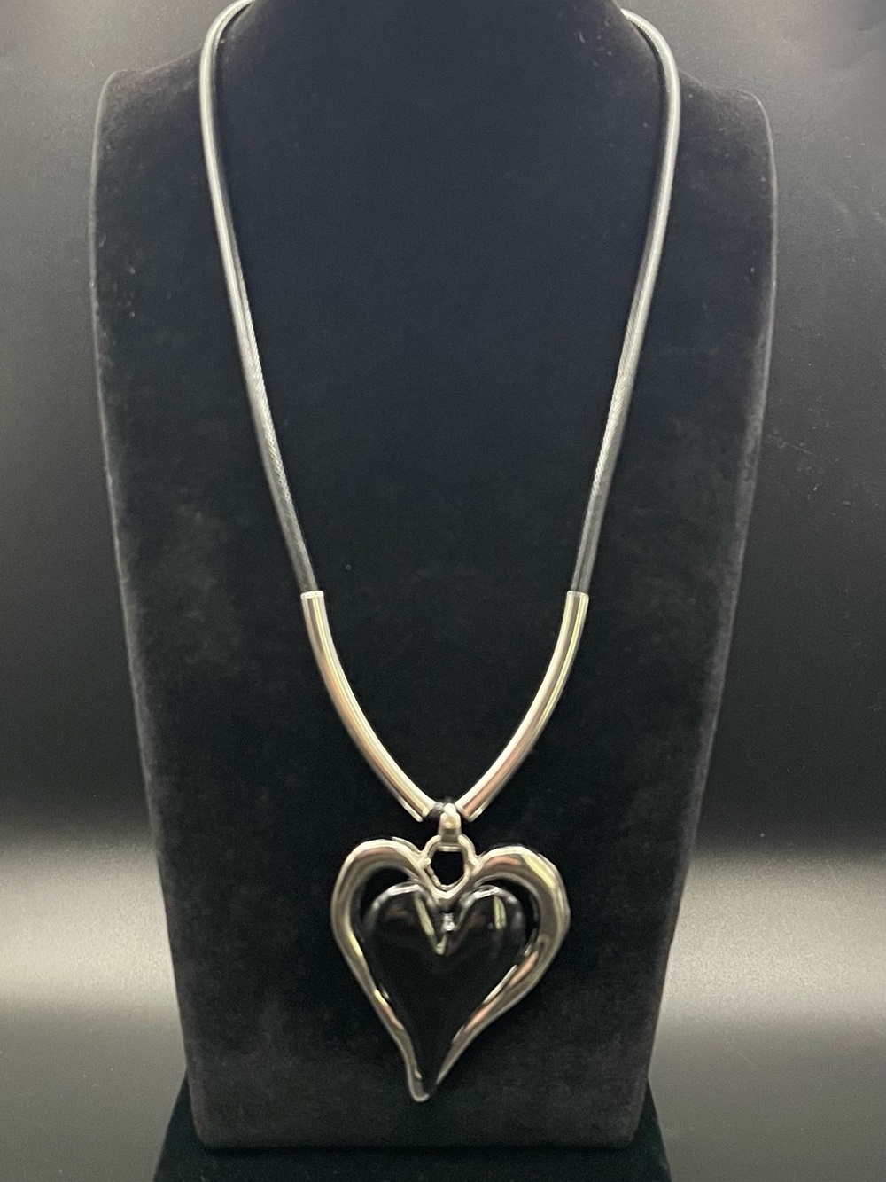 NWOT Silver Statement Open Heart Necklace Black Cord 18" + 2" Extender